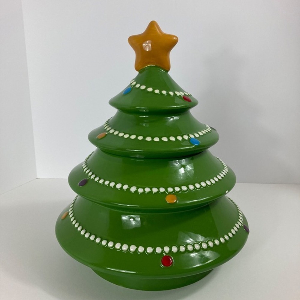 Vintage Pier One Imports Ironstone Handpainted Christmas‎ Tree Cookie Jar Retro